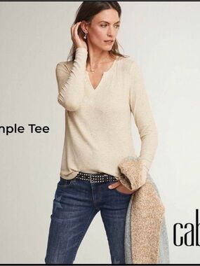 CAbi Cream Speckled Long-Sleeve Notch-Neck Top